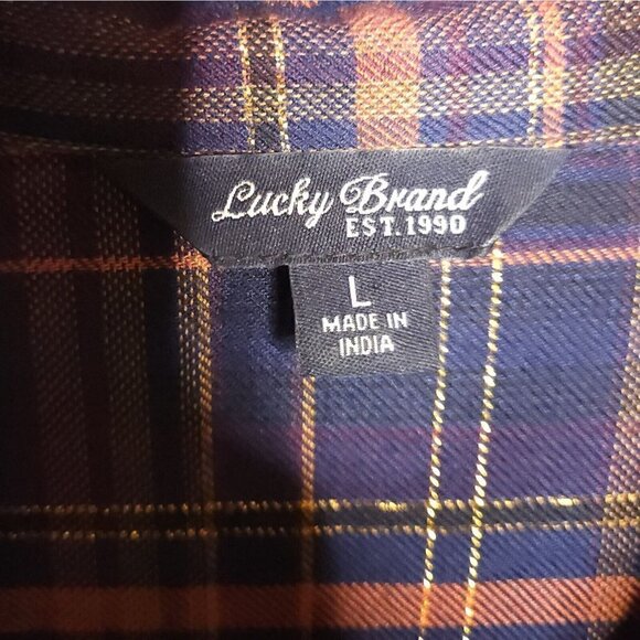 Lucky Brand Black Orange Gold Metallic Detail Plaid Button Front Large - Picture 5 of 7